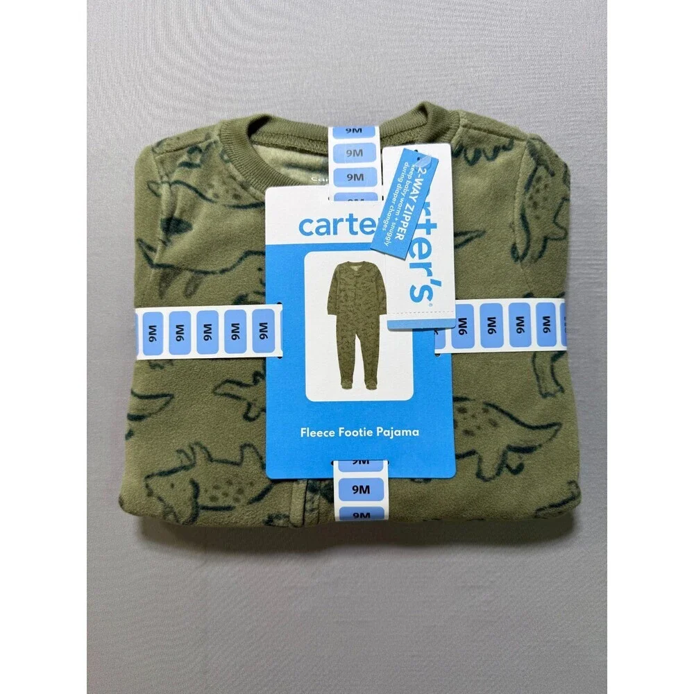 NWT Carter's Fleece Footie Pajama Toddlers 9M Green Animal Print Casual Wear